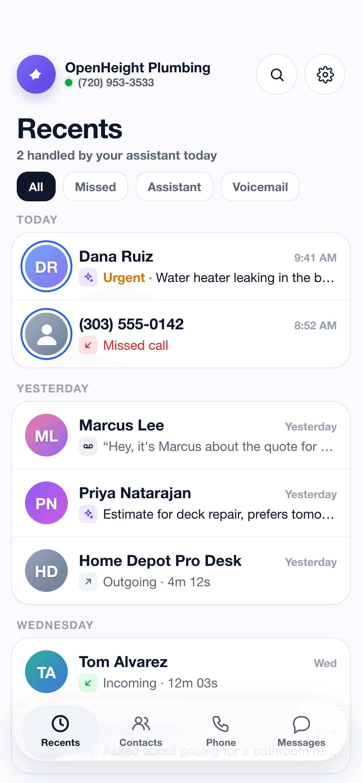 The Speakary app on iPhone: the business line (720) 953-3533 live in the header, above a day-grouped list of calls — an urgent water-heater call the assistant answered, a missed call, a voicemail, and a callback — with the Recents, Contacts, Phone and Messages tabs.
