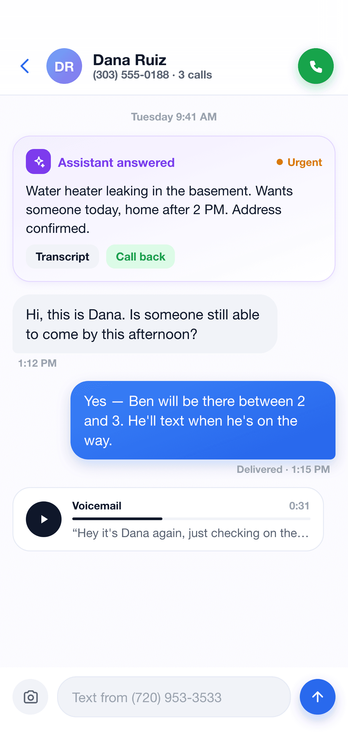 A conversation in the Speakary app: an 'Answered by assistant' summary of a leaking water heater with Transcript and Call back buttons, the customer's reply, your answer, and a transcribed voicemail with a play button.